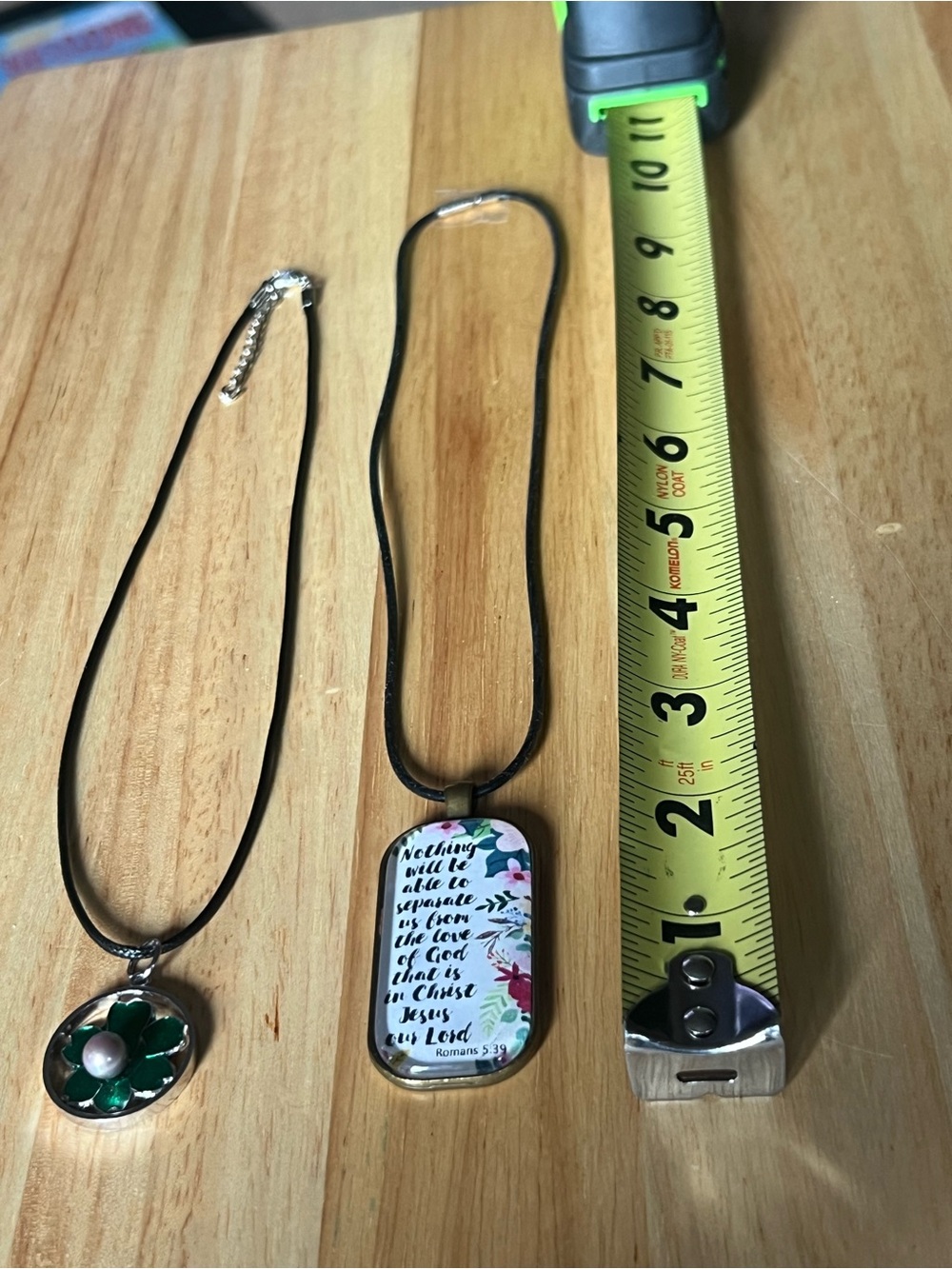 Floral Scripture Pendant Necklace & Green Flower Charm Necklace - Black Cords